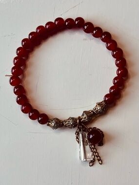 Deep Red Beaded Stretch Bracelet Crystal Drop Charm- NWOT